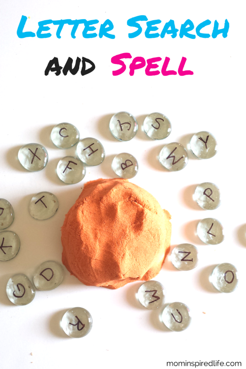 Letter Search and Spell using Kinetic Sand. This activity for kids combines fine motor skills practice and literacy!