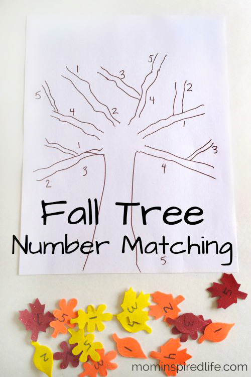 Fall math activity for preschool. Practice number identification with fall leaves. 