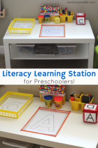 Literacy Learning Station for Preschoolers. A fun, hands-on way to develop literacy skills in preschoolers!