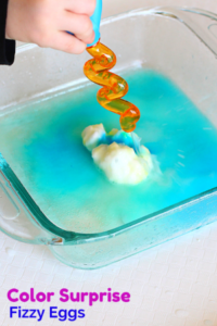 Color Surprise Fizzy Eggs Science Activity. These egg eruptions lead to excellent fine motor practice!