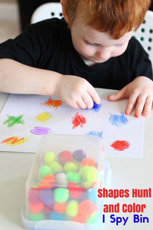 Shapes Hunt and Color I Spy Bin. Learn shapes and develop observations and fine motor skills.