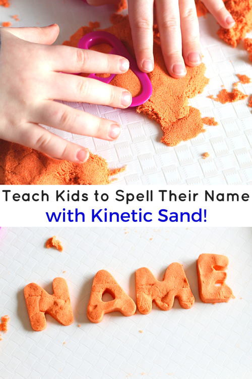A fun kinetic sand learning activity to teach kids their name and develop fine motor skills.