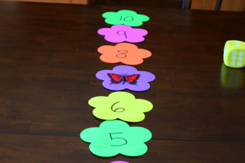 Flower number line and butterflies move from flower to flower.