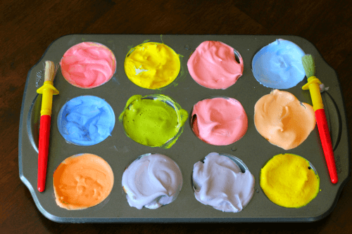Mix shaving cream and tempera paint to make shaving cream paint!