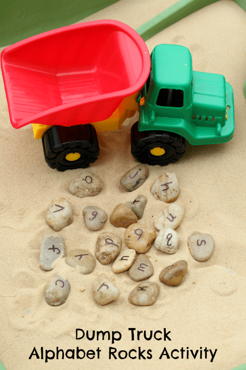 Learn letters with a dump truck and alphabet rocks! A fun alphabet activity!