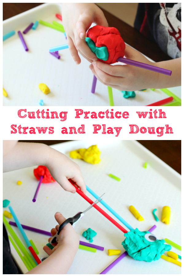Cutting practice for preschoolers. Developing fine motor skills with straws and play dough.