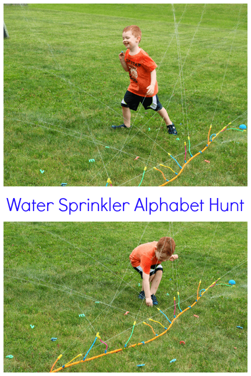 Teach ABCs with an alphabet hunt in a water sprinkler!