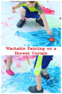 Painting on a shower curtain is a fun summer art activity for preschoolers!