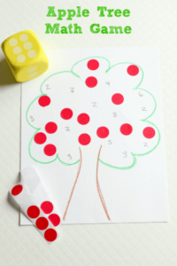Apple theme math game for preschool learners. Counting, number identification and subitizing.