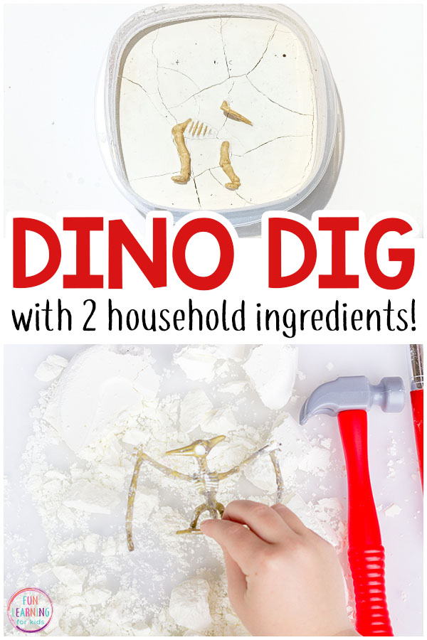 This easy dinosaur dig excavation activity is perfect for a dinosaur theme and also for summer fun! You only need two household ingredients!