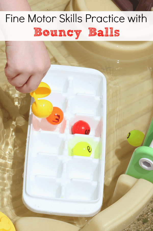 Kids will have fun developing fine motor skills with bouncy balls in the water table!