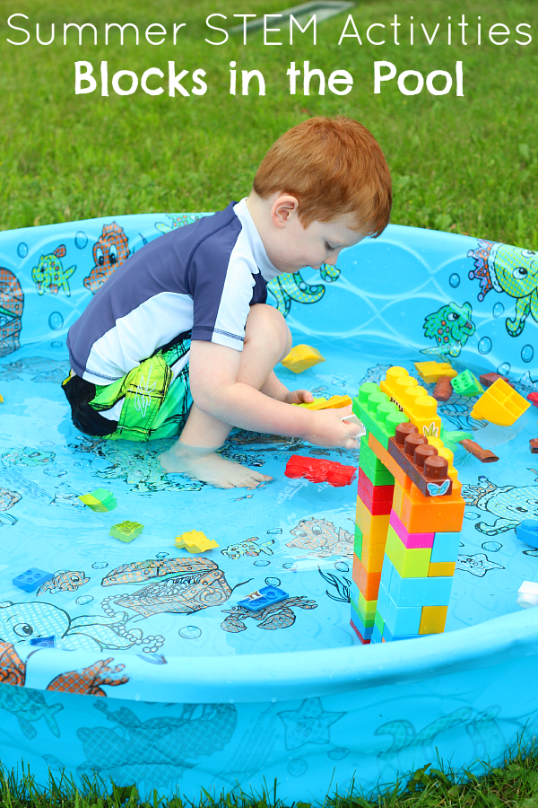 A summer STEM activity that encourages preschoolers to engineer with blocks in the pool.