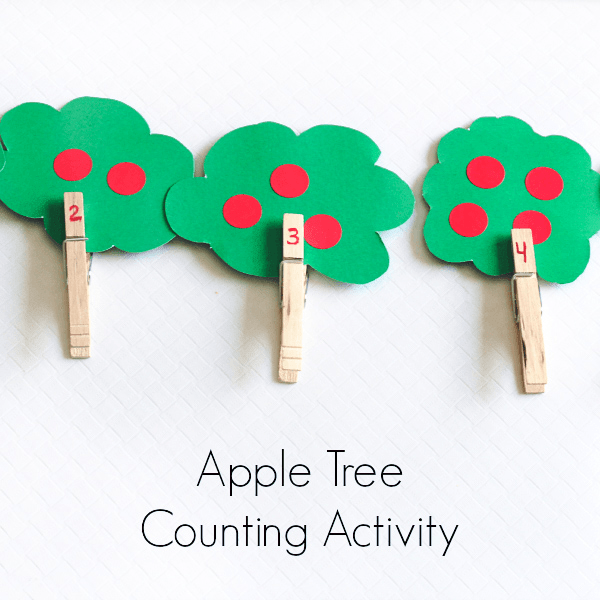 Apple theme counting activity for preschoolers. A fine motor apple tree activity for learning numbers.