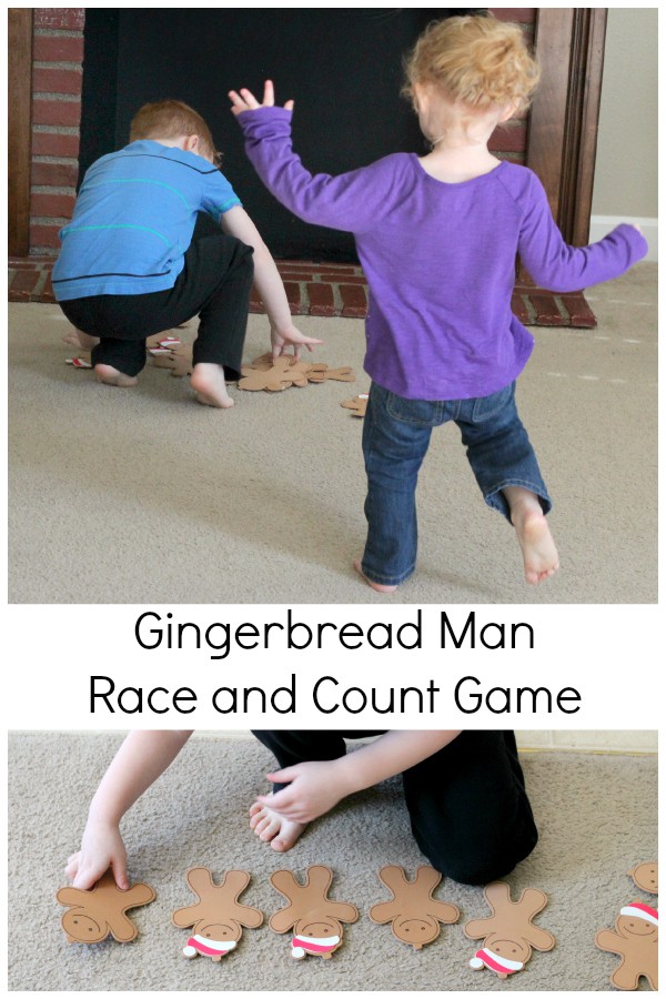 Gingerbread man gross motor game. A fun Christmas party game and a great way to practice counting!