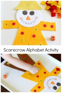 Scarecrow alphabet activity. A fun roll and cover alphabet game for fall. Preschool letter activity for fall.