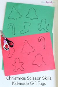 Christmas scissor skills and cutting practice. A fun and simple Christmas craft. Kid-made gift tags.