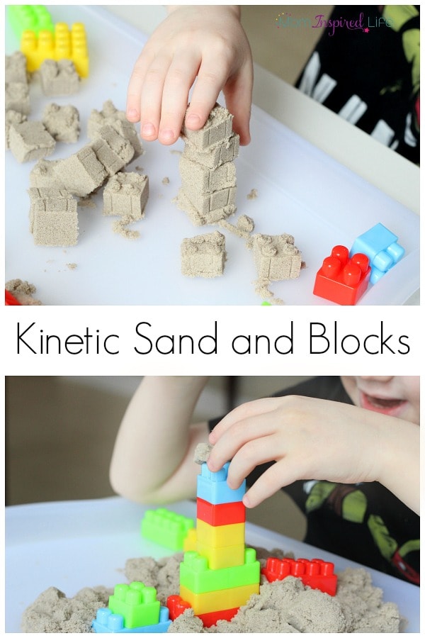 Kinetic sand and blocks is a fun engineering challenge and sensory experience. It's also a great busy activity for young kids!