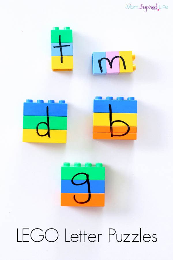 LEGO letter puzzles. A hands-on alphabet activity that develops fine motor skills and critical thinking skills.