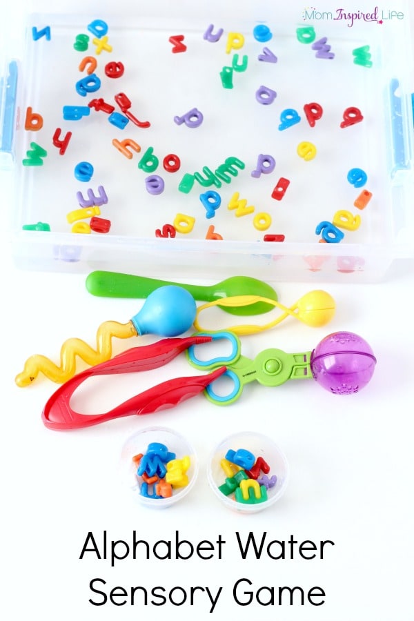 Alphabet water sensory game. Kids will learn letter names while participating in this water sensory play activity.