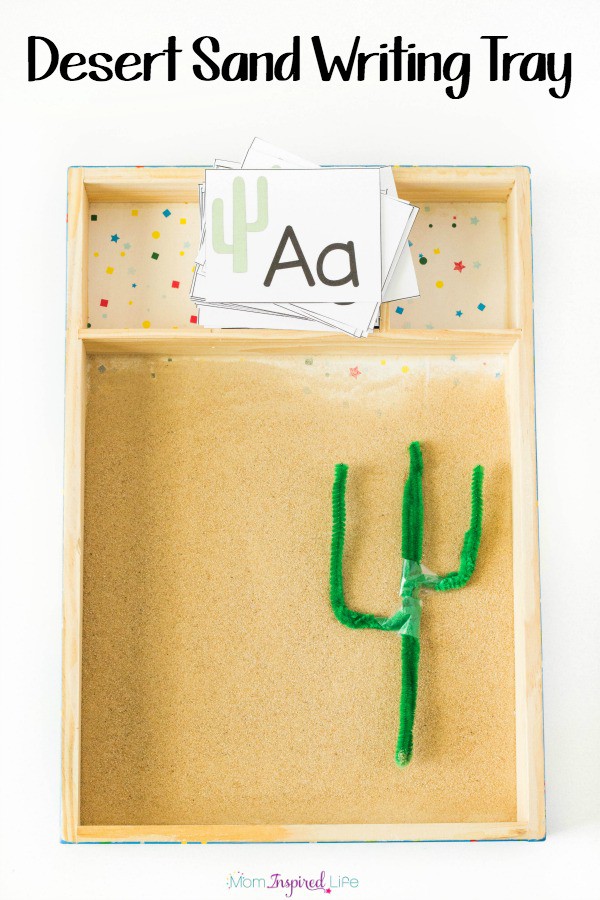 This desert sand writing tray is a fun way to practice writing letters, shapes, lines and more. A desert themed sensory alphabet activity!