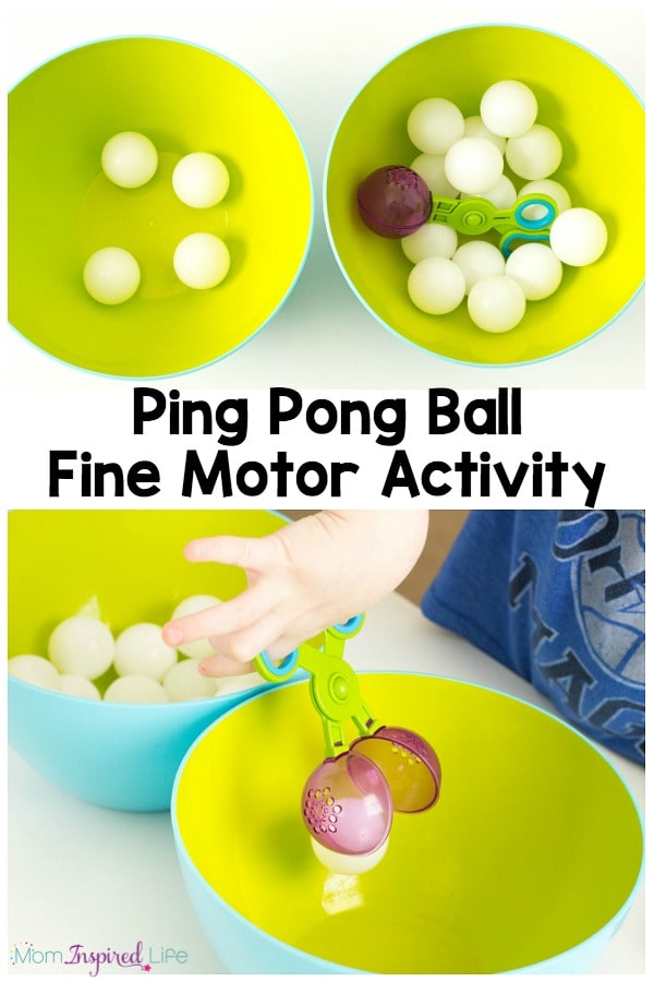This fine motor activity utilizes ping pong balls and scooper tongs so kids can have fun and develop fine motor skills!