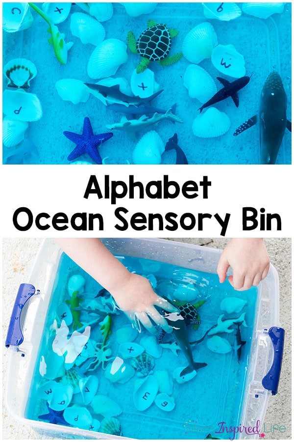 This alphabet ocean sensory bin is a great way to cool down this summer while learning letter identification, letters sounds and the ocean habitat.