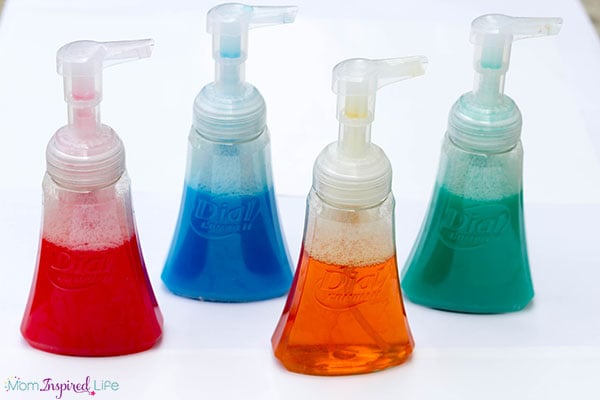 Colored soap foam recipe for sensory play.