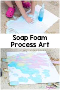 Soap foam process art activity for kids. It is the perfect outdoor art activity for summer! Plus, it's a great way to develop fine motor skills.
