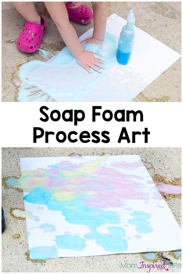 Soap foam process art activity for kids. It is the perfect outdoor art activity for summer! Plus, it's a great way to develop fine motor skills.