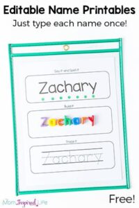 Editable name tracing and spelling printables. Type each name once and all of the pages are filled in for you! Perfect for preschool name learning.