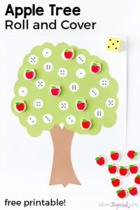 Apple tree number matching roll and cover game. A fun, hands-on way for preschoolers to learn numbers!