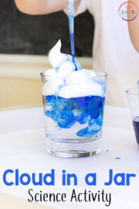 This rain cloud in a jar science experiment is a fun weather science activity for kids.