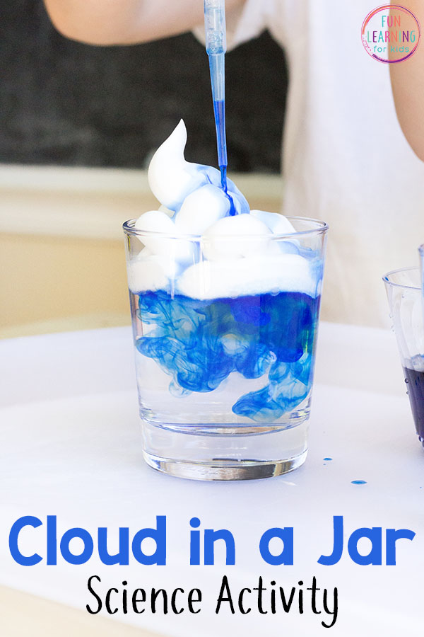 Rain cloud in a jar science experiment. This spring science activity is perfect for preschool, kindergarten and early elementary.