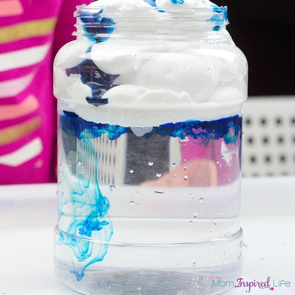 Rain cloud in a jar science experiment for kids.