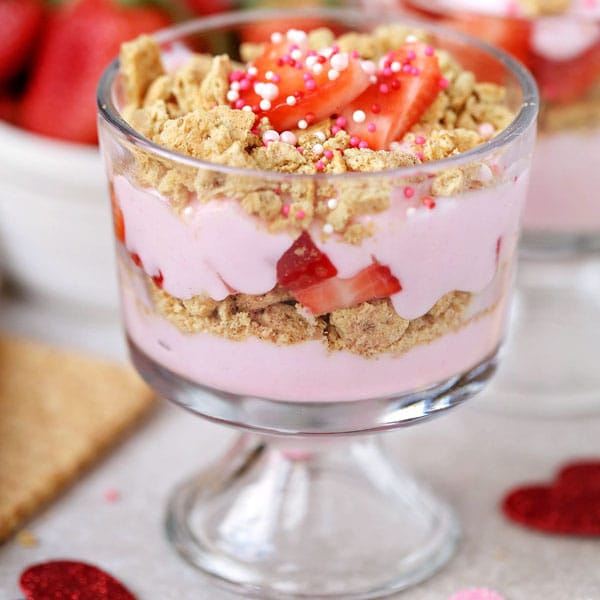 Healthy strawberry yogurt parfait Valentine's Day snack or breakfast for kids.