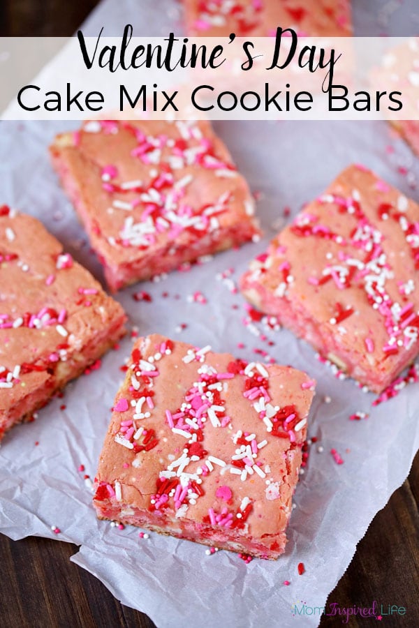 Valentine's Day strawberry cake mix cookie bars that are super easy to make and taste amazing!