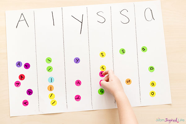 Preschool name recognition activity that also helps develop fine motor skills.