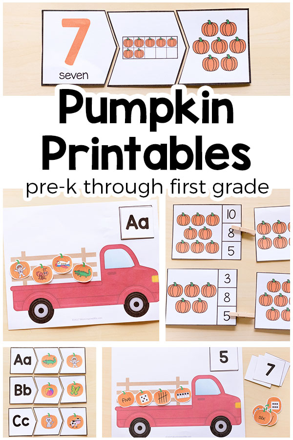 This pumpkin activities printable bundle includes 10 activities that help children learn the alphabet, letter sounds, sight words and word families (rhyming words), numbers and number sense! They are all hands-on and interactive.