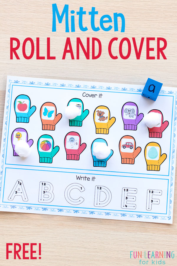 This mitten roll and cover activity is perfect for winter literacy and math centers. This winter activity is a fun and engaging way to learn letter sounds and number sense. #centers #winter #literacy #alphabet