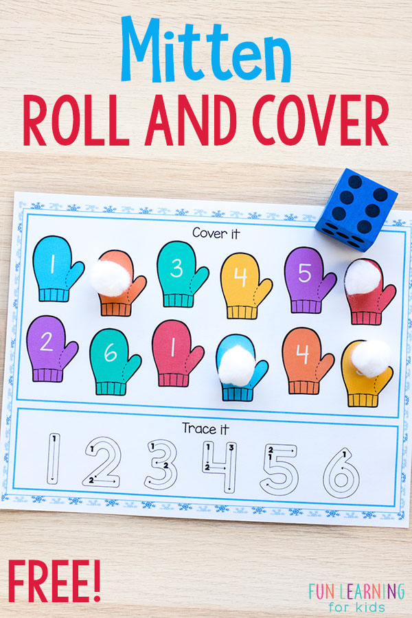 This mitten roll and cover activity is perfect for winter literacy and math centers. This winter activity is a fun and engaging way to learn letter sounds and number sense. #centers #winter #literacy #alphabet