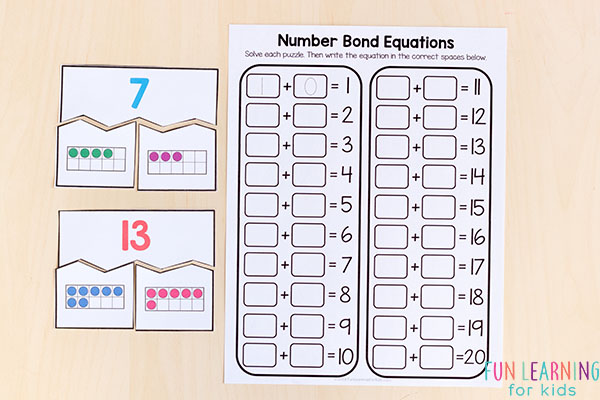 Number bond puzzles with ten frames.