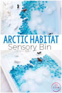 A fun arctic sensory bin with snow dough and ice.