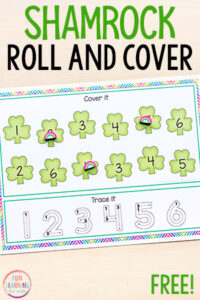 This St. Patrick's Day roll and cover math activity is a fun, hands-on math center idea for pre-k, kindergarten and early elementary.