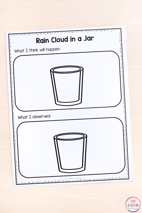 Rain cloud in a jar science recording sheets for preschool and kindergarten.