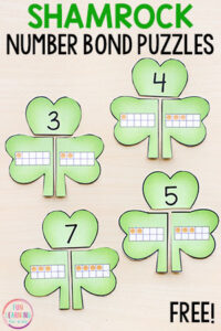 Make math fun with these printable shamrock number bond puzzles! Use this math activity in your St. Patrick's Day math centers!