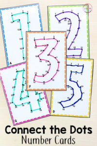 Connect the dots printable number cards for teaching number recognition and number order.