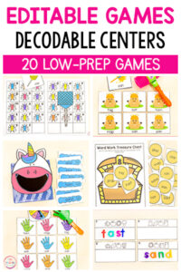 Editable word games for phonics and decodable words, high frequency words and more. Fun word work games for kids in kindergarten and first grade.