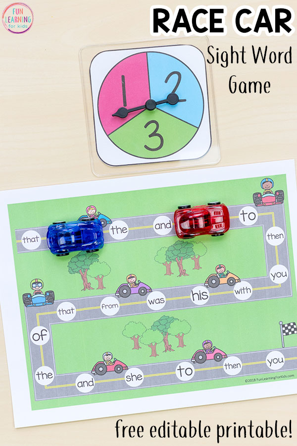 This editable race car sight word game will make learning sight words or spelling words a blast!