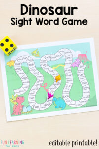 Editable dinosaur sight word board game.