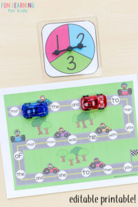 Editable race and read sight word game. This race car themed sight word board game is a blast!